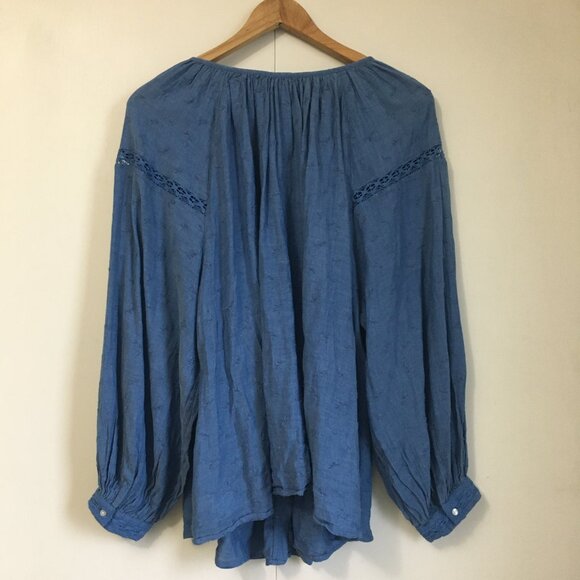 Blue Plentiful Pleats Billowing Sleeve Lace and Floral Texture Button Up Blouse - Picture 2 of 16